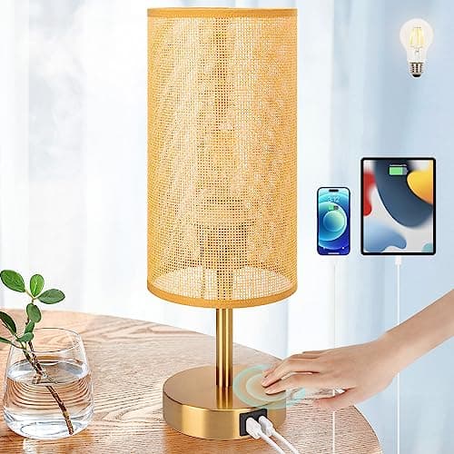 Yarra-Decor Touch-Control Bedside Table Lamp with USB, 3-Way Dimmable, Round Fabric Shade — Net