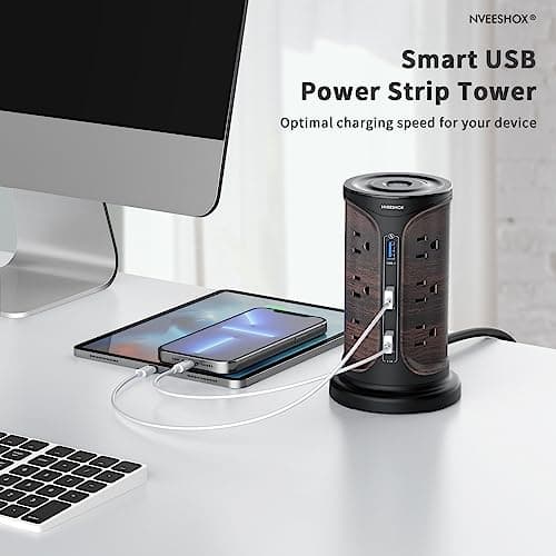 Wood Grain Surge Protector Power Strip, 4 Fixed Outlets, 3 USB Ports, 6.5 FT Cord, Surge Protection