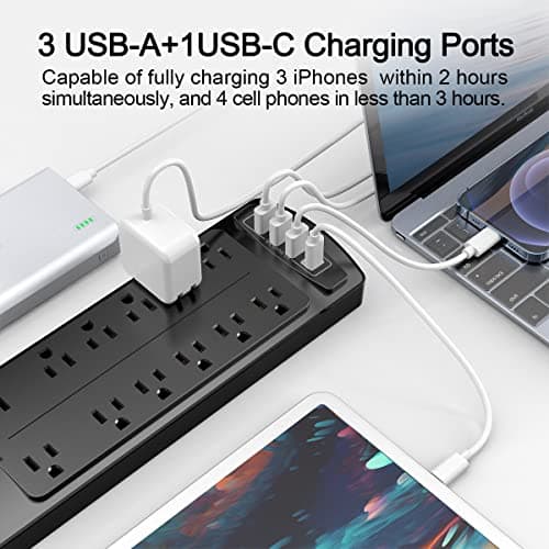 ALESTOR 12-Outlet Surge Protector with 4 USB Ports, 6 Feet Black Extension Cord