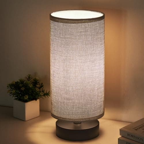 Fabric Wooden Table Lamp, Cylinder Black Base, Bedside & Desk Lamp — Gray