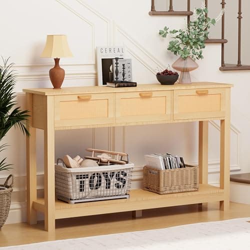 Natural Wood Rattan Console Table with 3 Drawers, Behind Couch