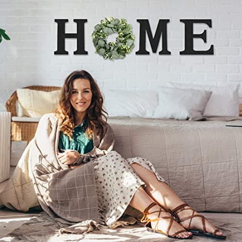 Black Wood Home Sign with Artificial Eucalyptus Wreath for Wall Decor