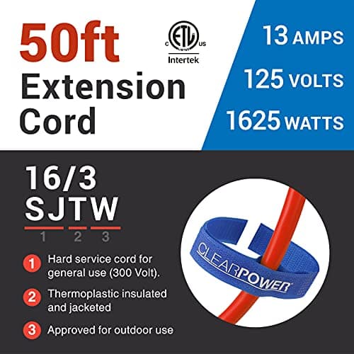 Clear Power 50 ft Water & Weather Resistant Outdoor Extension Cord, Flame Retardant, Lawn & Garden, DCOC-0117-DC