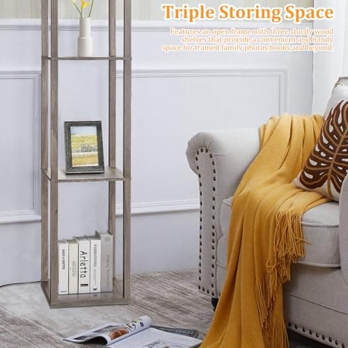 Rustic Wood Corner Floor Lamp with Shelves for Living Room and Bedroom Home Decor