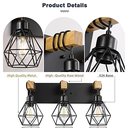 Rustic 3-Light Wood Bathroom Vanity Light with Elegant Metal Shade for Bathroom, Living Room, Hallway