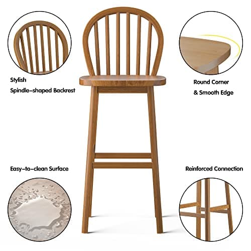 COSTWAY Windsor Bar Stools, 30 Inch Back With Footrest, Easy Assembly, Natural