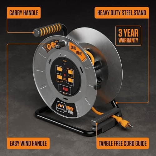 1ft Metal Cord Reel with Safety Breaker & 4 Outlets, 15A 12AWG Cable