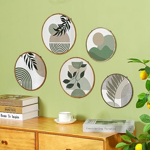 Qunclay 5 Pcs Greenery Bohemian Geometric Wood Wall Art for Living Room & Bedroom
