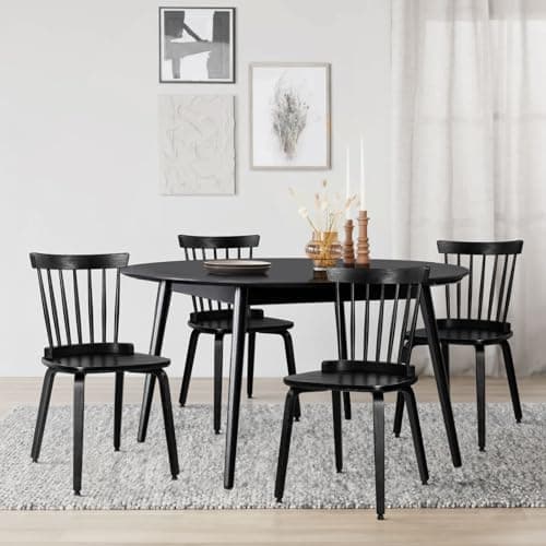 Black Wood Windsor Dining Chair Set, Farmhouse Spindle Back, Mid-Century Modern, Kitchen & Living Room