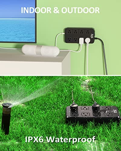 Weatherproof Outdoor Power Strip with 8 Outlets & 3 USB Ports, 10FT Cord, Overload Protection Black