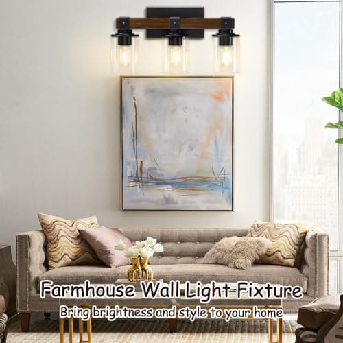 3-Light Rustic Wood Farmhouse Vanity Light with Industrial Black Sconces and Bubble Glass Shade