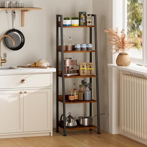 Furologee Rustic 5-Tier Ladder Shelf, Wood & Metal Storage Organizer