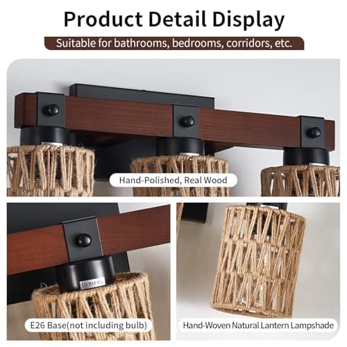 Rustic Farmhouse Wood Vanity Light, Handmade Bamboo Woven Basket Shade