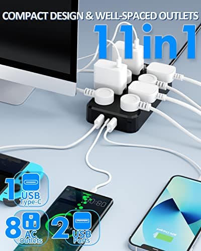 Weatherproof Outdoor Power Strip with 8 Outlets & 3 USB Ports, 10FT Cord, Overload Protection Black