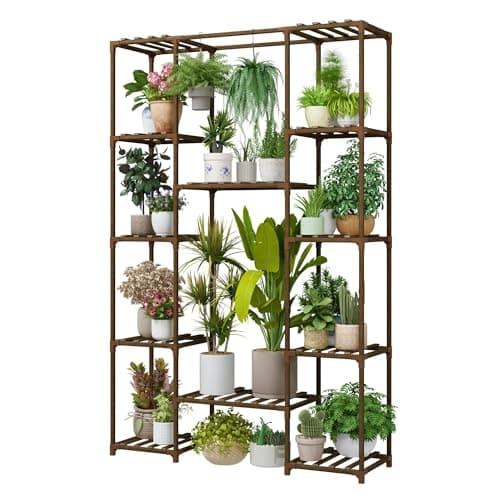 Bamworld Brown Wood Flower Stand for Multiple Plants Outdoor Indoor Living Room Patio Balcony Garden Decor — Brown-12 Pots