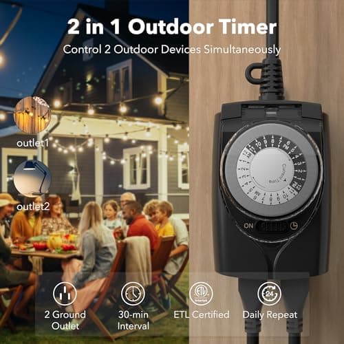 HBN Outlet Timer, 24 Hour Outdoor Waterproof 15A 1/2HP Pool Pump Timer