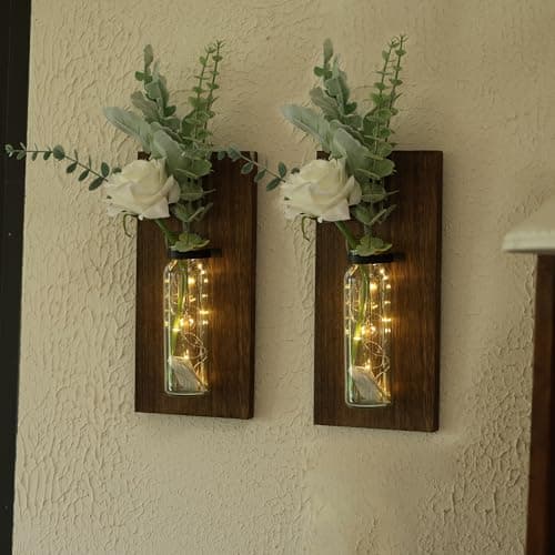 2 Pack Brown Wood Glass Wall Sconces for Living Room Hanging Vase