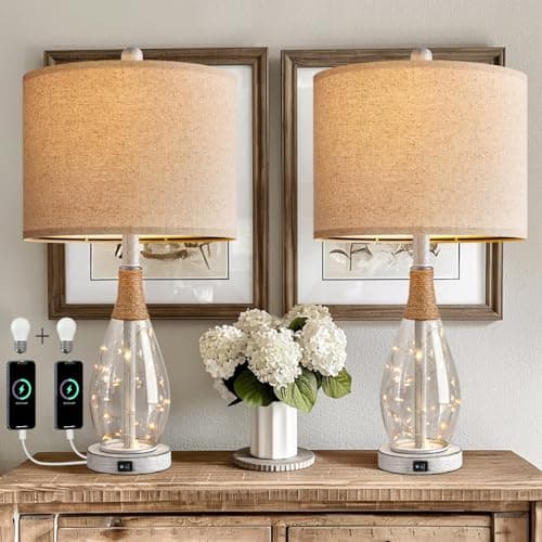 OYEARS 23" USB A+C Bedside Lamps Sets for Bedroom Living Room — White-Set of 2