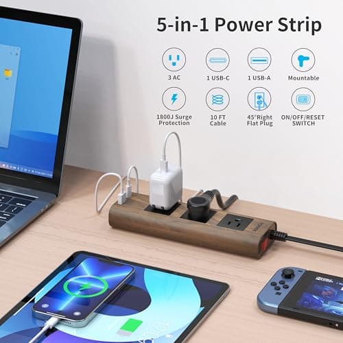 TOPREK 1800J Surge Protector Power Strip, 10 FT Thin Plug, 3 AC Outlets, 1 USB-C, 1 USB-A, Wood Finish