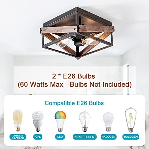 Rustic 2-Light Ceiling Fixture, Farmhouse Flush Mount for Living Room