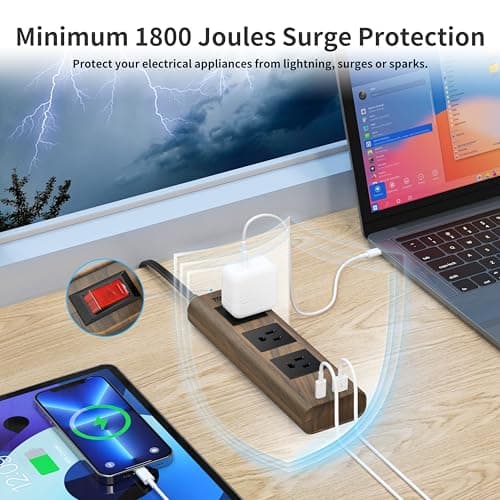 TOPREK 1800J Surge Protector Power Strip, 10 FT Thin Plug, 3 AC Outlets, 1 USB-C, 1 USB-A, Wood Finish