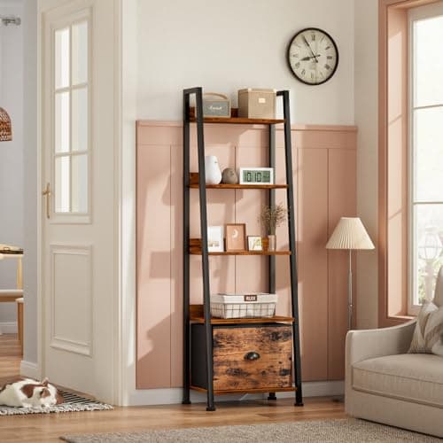 Furologee Rustic 5-Tier Ladder Shelf, Wood & Metal Storage Organizer