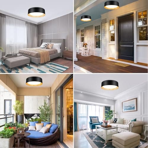 13in 250W Equivalent Dimmable 3CCT Adjustable LED Flush Mount Ceiling Light, Black & Wood