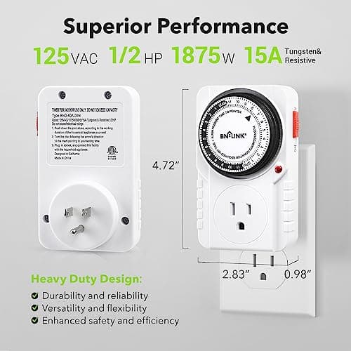 24 Hour Aquarium Plug-in Timer for Grow Light Hydroponics 125VAC ETL Listed 1875W