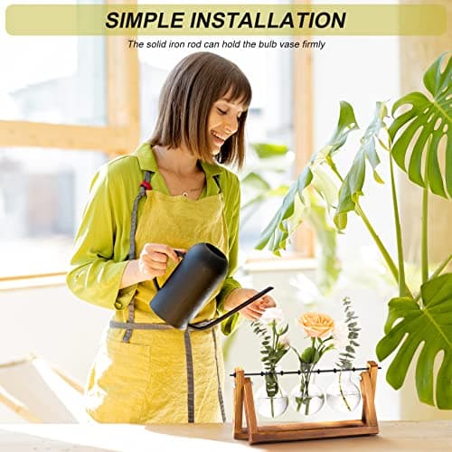 Retro Wooden Stand Plant Terrarium with 3 Bulb Vase for Home Garden Office