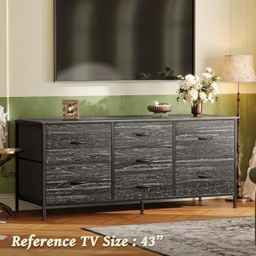 7-Drawer Dresser & 43-55 TV Stand, Wide Fabric Chest, Charcoal Grain