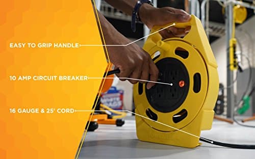 Retractable Extension Reel with 4 Outlets; Heavy Duty; Flame Resistant; 10A Circuit Breaker; 25 Ft; Yellow/Orange