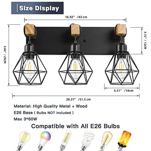 Rustic 3-Light Wood Bathroom Vanity Light with Elegant Metal Shade for Bathroom, Living Room, Hallway