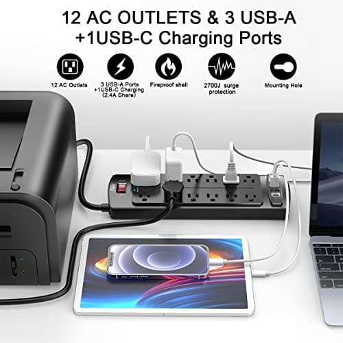 ALESTOR 12-Outlet Surge Protector with 4 USB Ports, 6 Feet Black Extension Cord