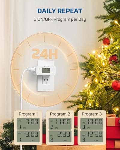 24 Hour Programmable Timers for Outlets & Lights, 2-Pack DEWENWILS, 125V 15A 1000W, 3-Prong Plug