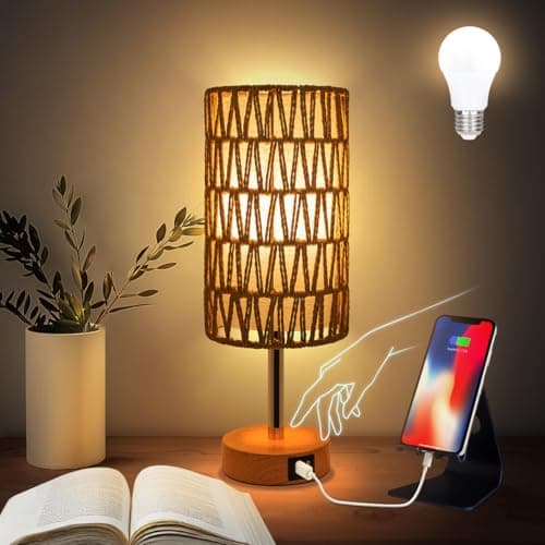 Yarra-Decor Touch-Control Bedside Table Lamp with USB, 3-Way Dimmable, Round Fabric Shade — Rattan2