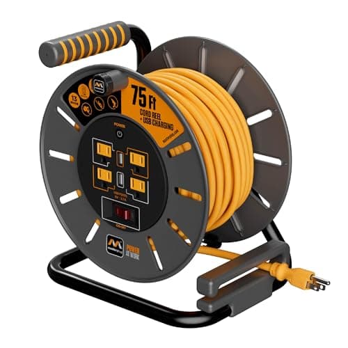 75ft Retractable Cord Reel with Safety Overload Protection and 4 Outlets, 2 USB Ports