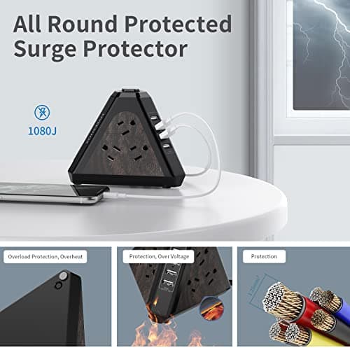 NVueShox Power Strip Tower, 9 AC & 4 USB, 6.5 Ft Cord, Surge Protector, Wood Grain