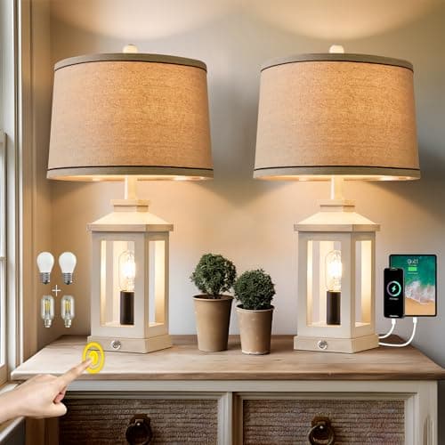 23.75" Vintage Modern Farmhouse Lamp with Touch Dimming & USB Ports for Living Room/Bedroom — White - Set of Two