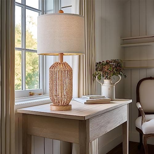 OYEARS 21" Boho Rattan Table Lamp for Living Room and Bedside, Brown, Retro Style