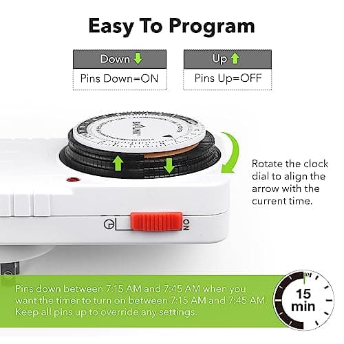 24 Hour Aquarium Plug-in Timer for Grow Light Hydroponics 125VAC ETL Listed 1875W