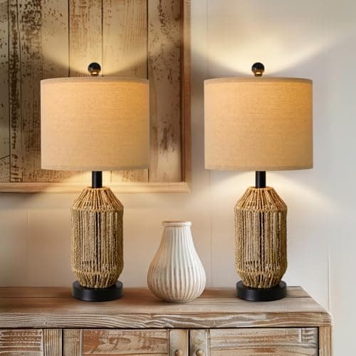 OYEARS 21" Boho Rattan Table Lamp for Living Room and Bedside, Brown, Retro Style — Black