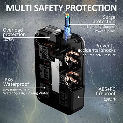 Weatherproof IPX6 Outdoor Power Strip with 6 Outlets & 3 USB Ports (Black)