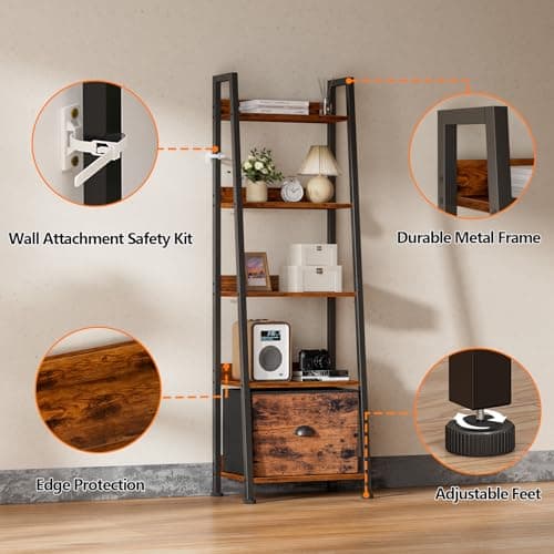 Furologee Rustic 5-Tier Ladder Shelf, Wood & Metal Storage Organizer