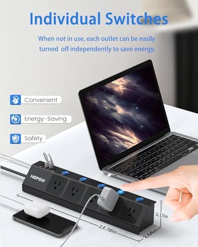 Flat Plug Power Strip with Individual Switches, 5-Outlet Surge Protector with 2 USB-C (20W PD) & 2 USB-A, 1700 Joules, Wall Mount for Home Office, Black