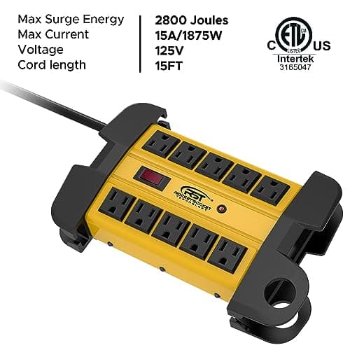 CRST 10-Outlet Heavy Duty Power Strip with 15-Amp Surge Protector, 15-Foot Cord, ETL Listed (Yellow)