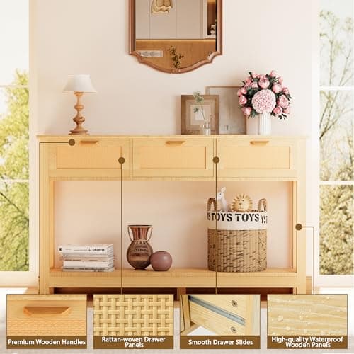 Natural Wood Rattan Console Table with 3 Drawers, Behind Couch