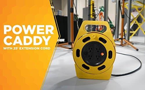 Retractable Extension Reel with 4 Outlets; Heavy Duty; Flame Resistant; 10A Circuit Breaker; 25 Ft; Yellow/Orange