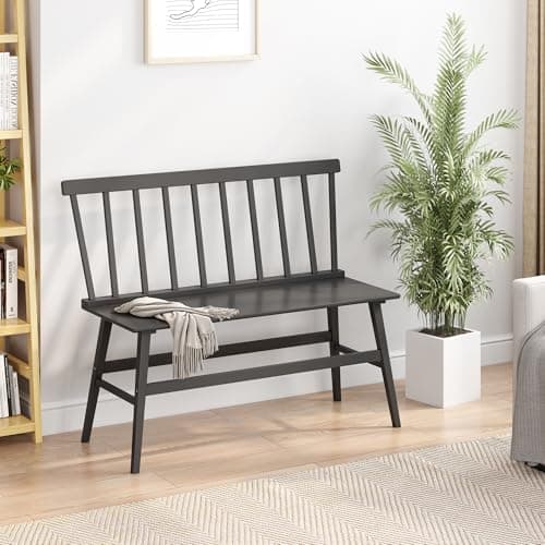 Farmhouse White Dining Bench with Spindle Back for Foyer Balcony — Black