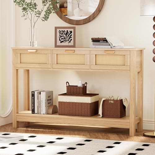 Natural Wood Rattan Console Table with 3 Drawers, Behind Couch