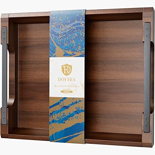 Acacia Wood Serving Tray with Metal Handles, 17x13in, Rustic Decorative Kitchen Gift — 17x13x2 Inch With Black Handle